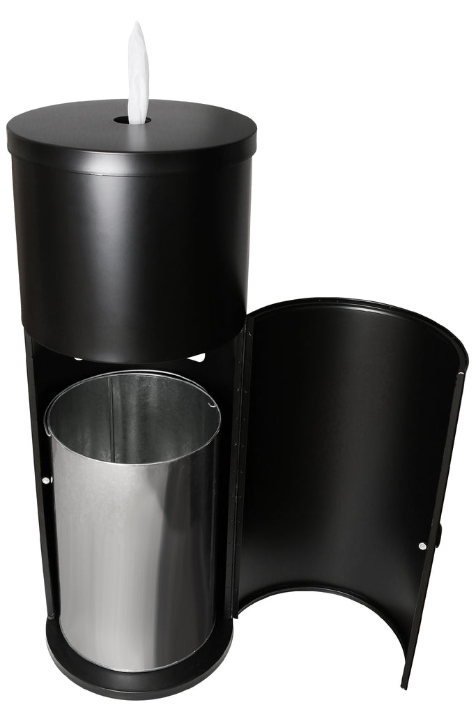 Wipe Dispensers with Trash Cans - for Disinfecting and Sanitizing Wipe Rolls - Easy Access Door